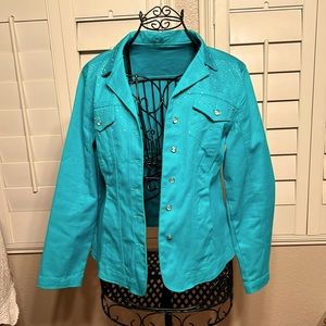 Jean jacket/ pockets / gems and faux diamond buttons … super adorable like new!